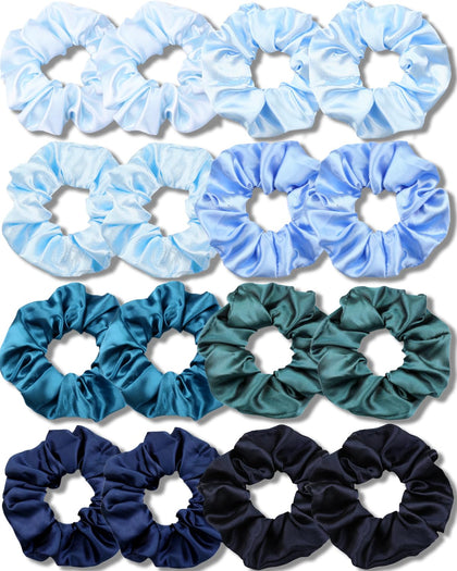 IVARYSS Satin Scrunchies 16 Pack Multi-Blue assorted colours