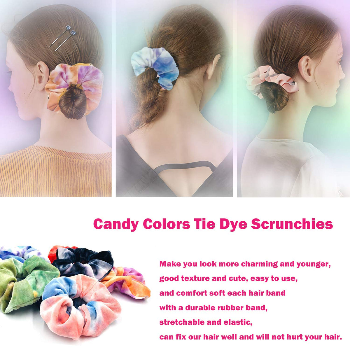 IVARYSS scrunchies packaging showing 12 vibrant colours