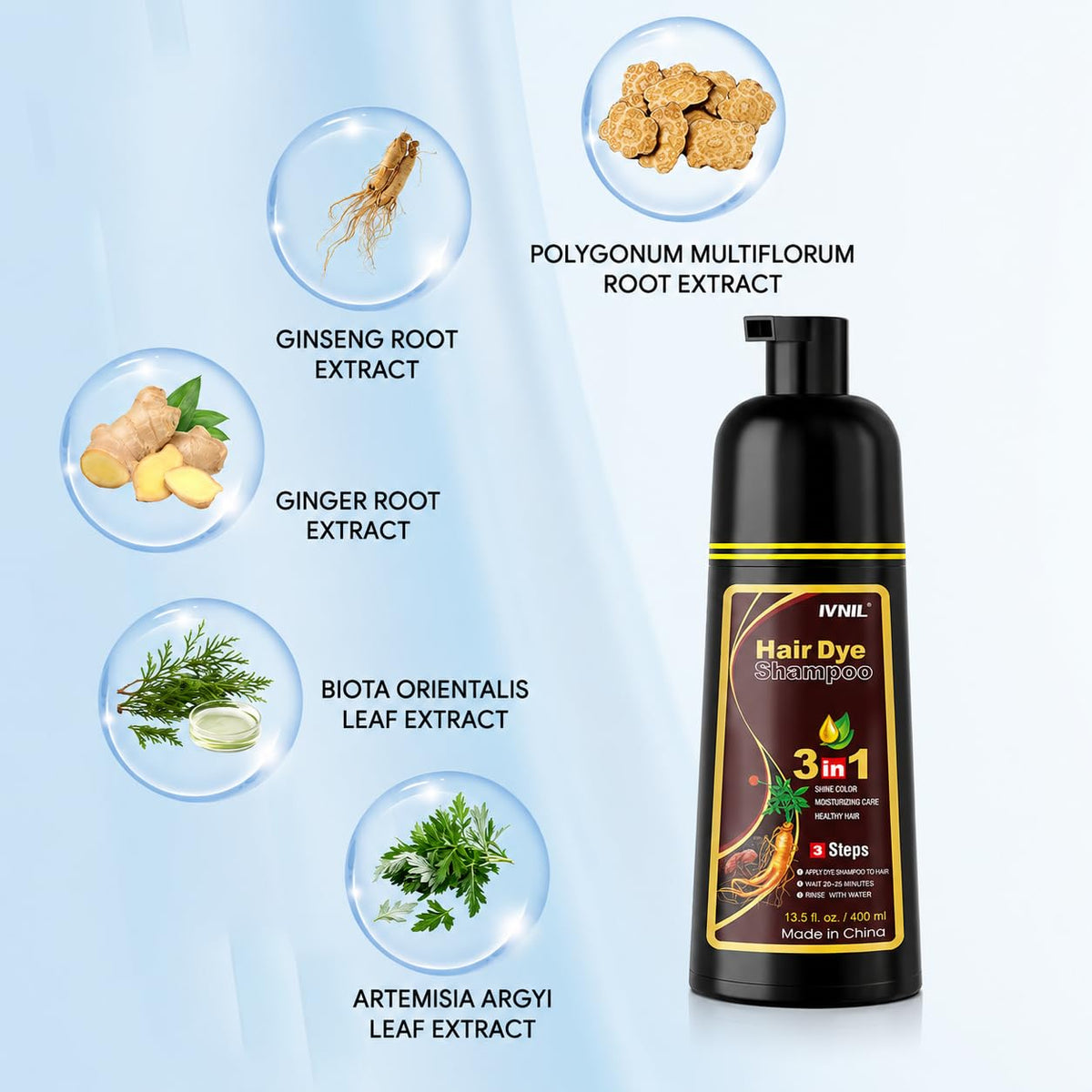 Ivnil Brown Hair Dye Shampoo application process with gloves