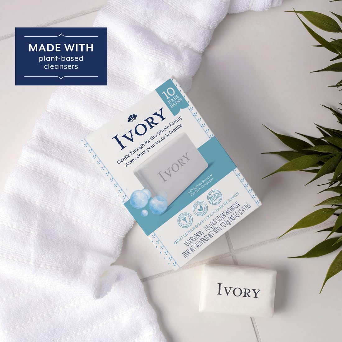 Ivory Bar Soap Original 4 Ounce bar with ingredients on display