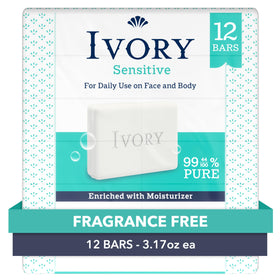 Ivory Sensitive Bar Soap packaging front view, 12 count