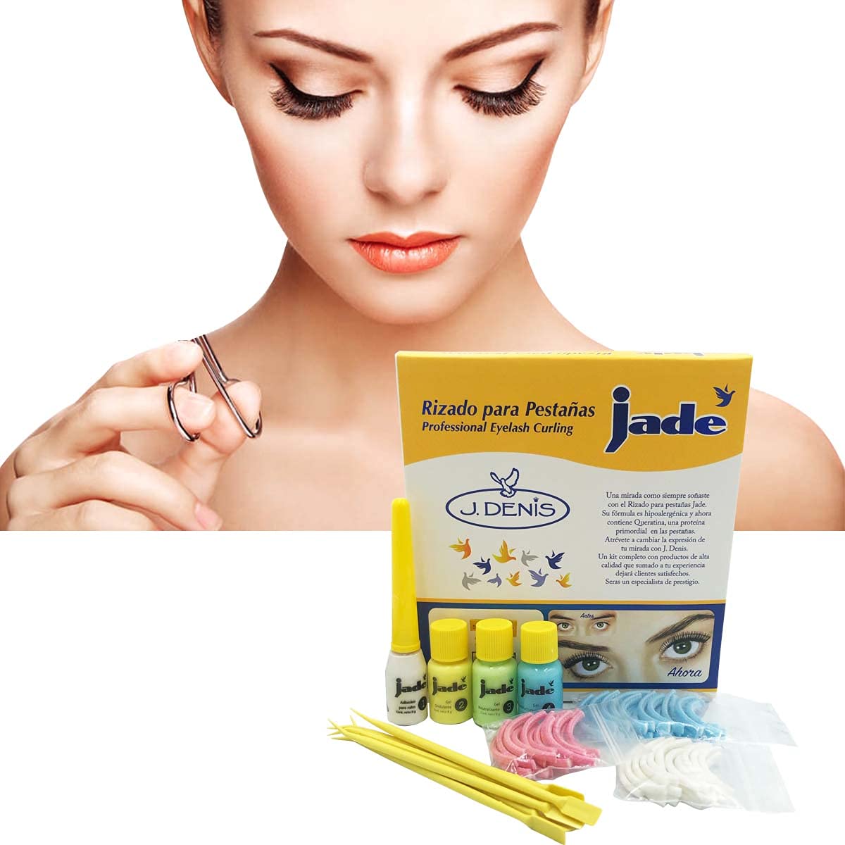J. Denis eyelash curling tool displayed on a vanity