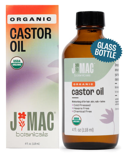 J MAC BOTANICALS Organic Castor Oil 4oz amber glass bottle front view