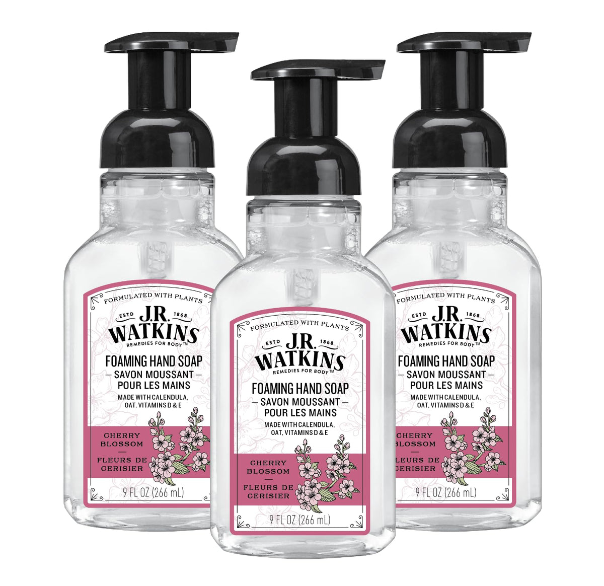 J.R. Watkins Foam Hand Soap Dispenser Cherry Blossom front view