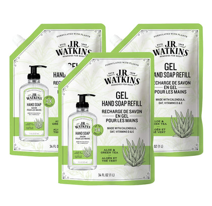 J.R. Watkins Gel Hand Soap Refill 3 Pack Aloe & Green Tea front view