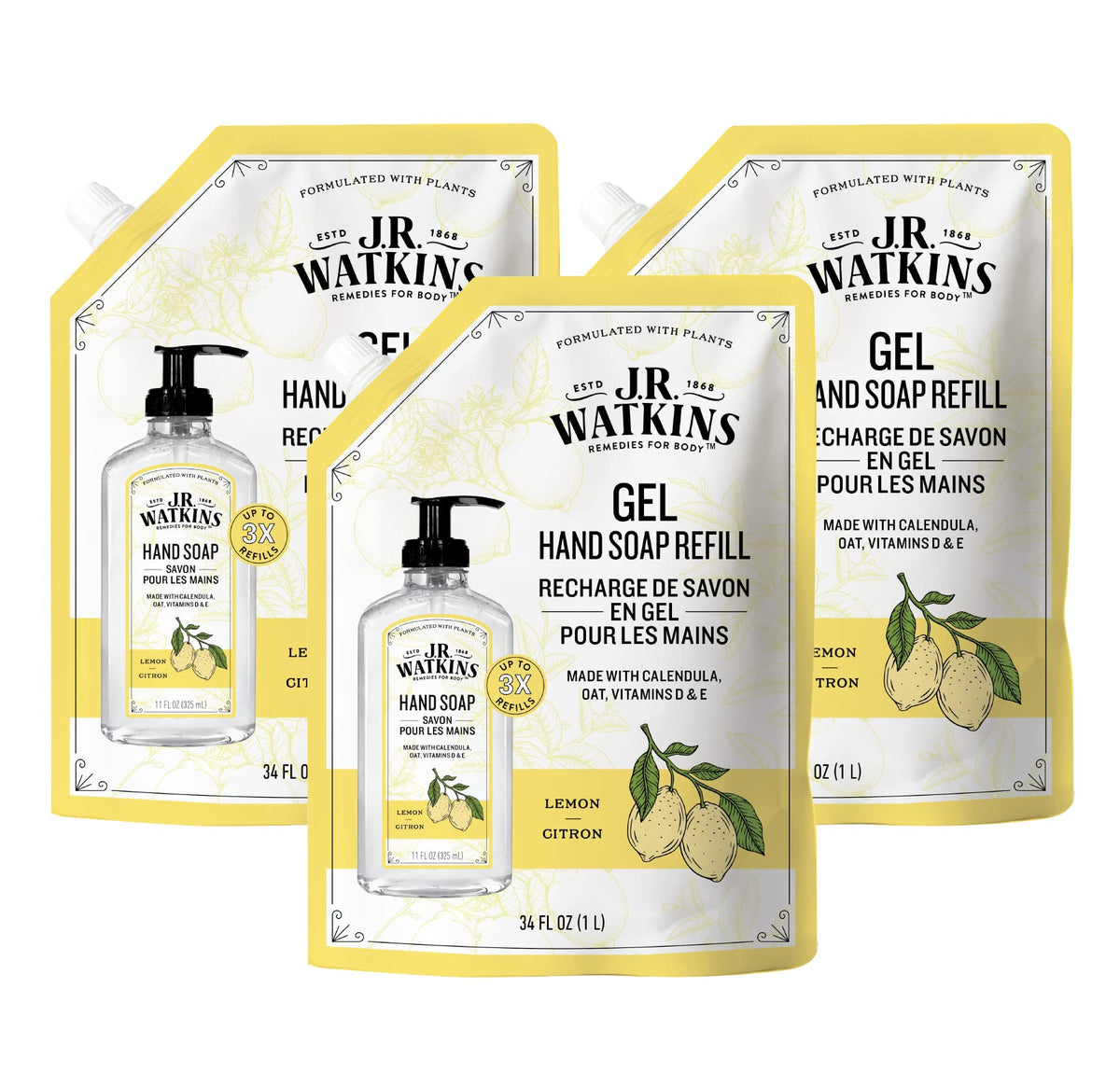 J.R. Watkins Gel Hand Soap Refill 3 Pack Lemon front view