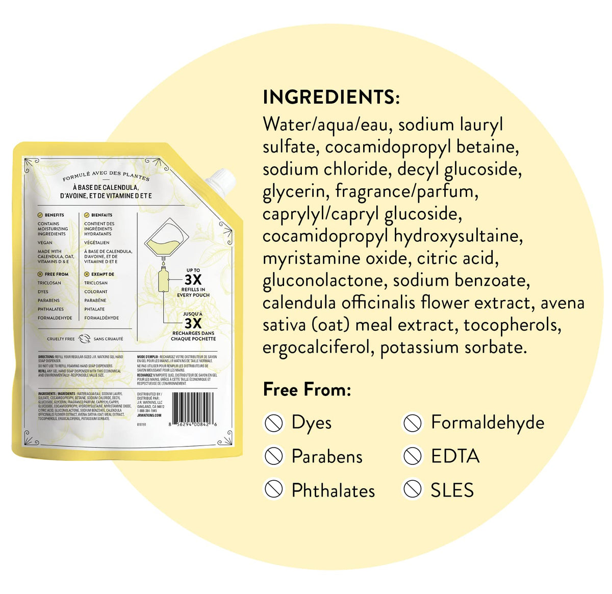J.R. Watkins Gel Hand Soap Refill Lemon on a bathroom sink