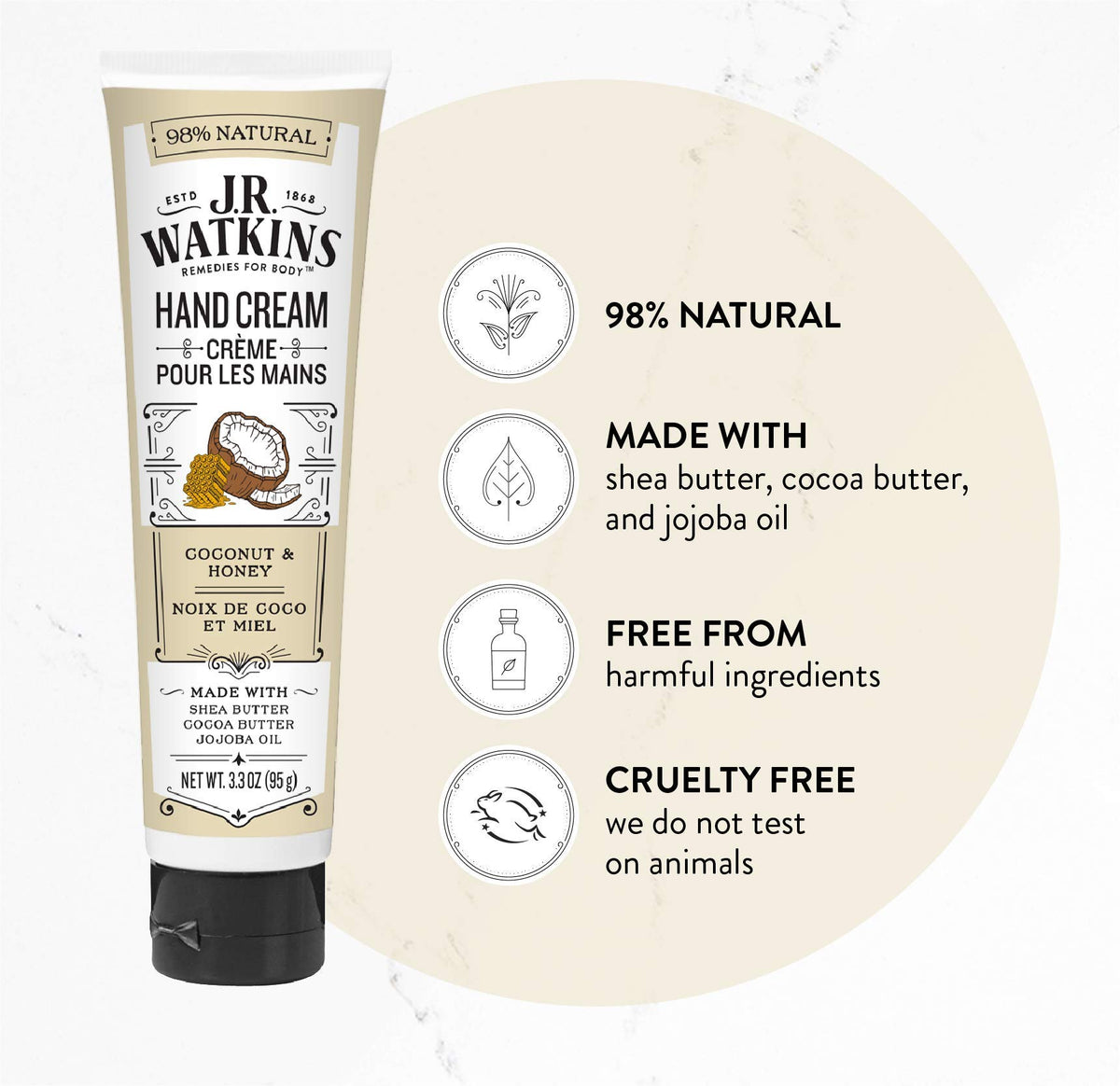 J.R. Watkins Hand Cream Coconut packaging back view