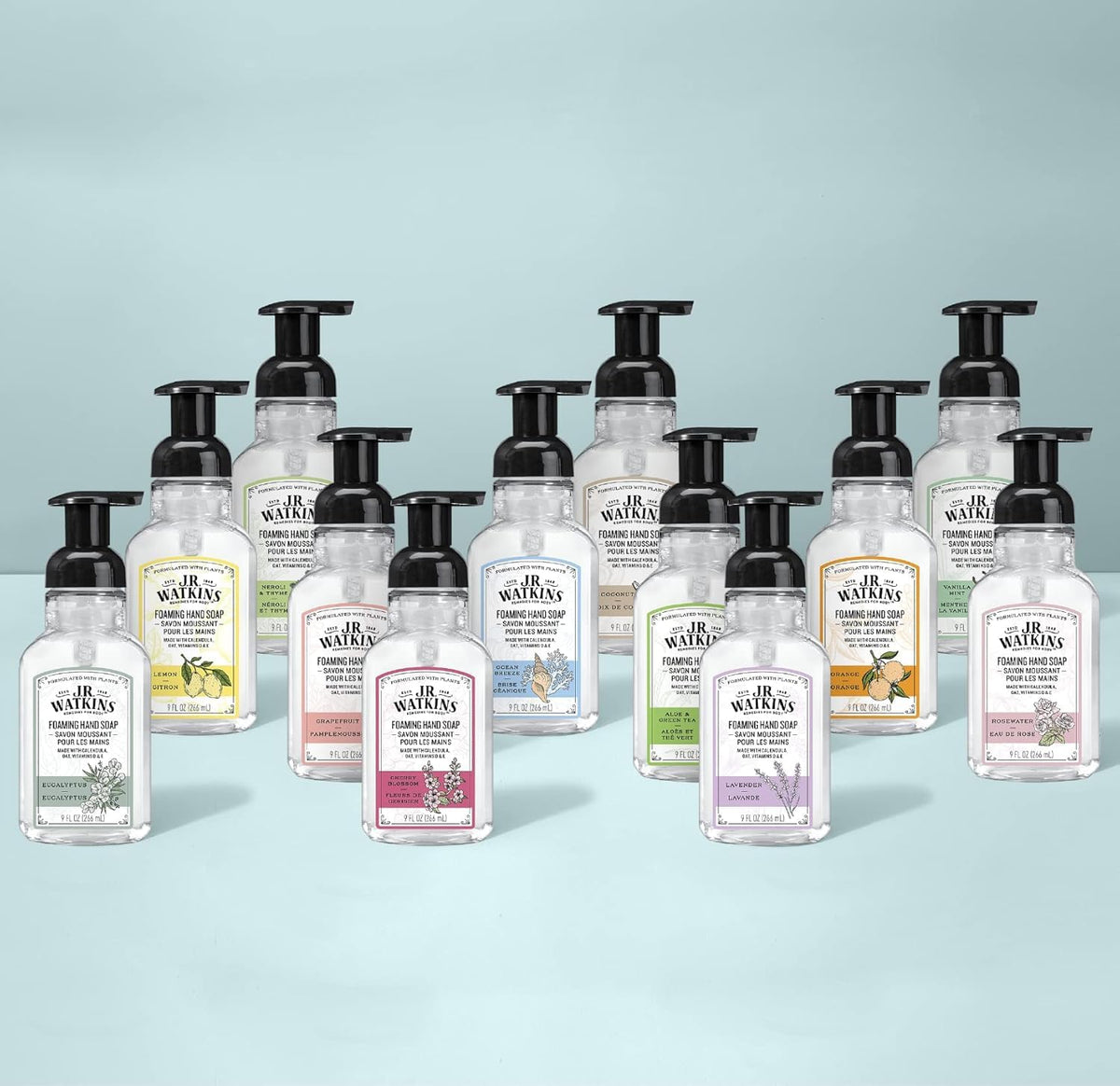J.R. Watkins hand soap 3 pack displayed on a kitchen counter