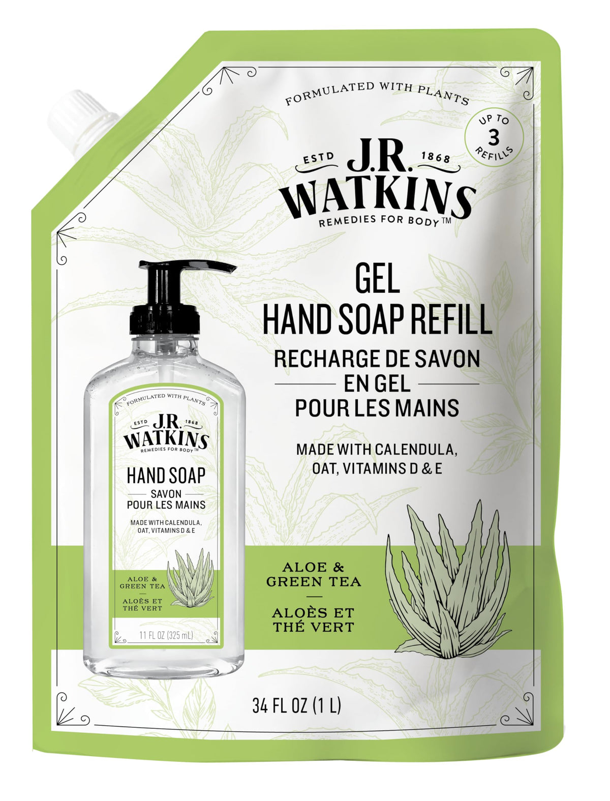 J.R. Watkins Hand Soap Refill Aloe and Green Tea pouch front view
