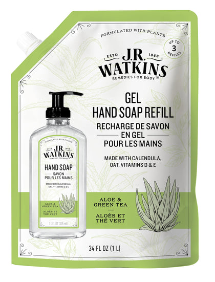 J.R. Watkins Hand Soap Refill Aloe and Green Tea pouch front view