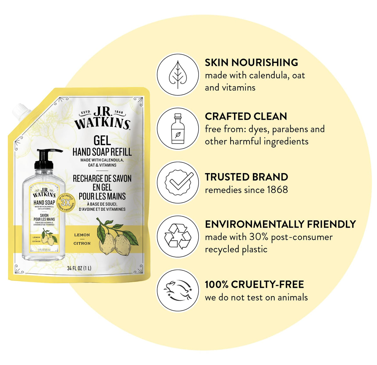 J.R. Watkins hand soap refill packaging with lemon design