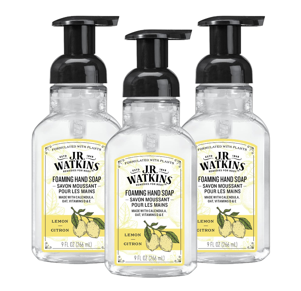 J.R. Watkins Moisturising Foam Hand Soap 3 Pack Lemon front view