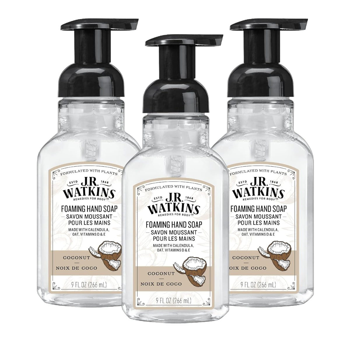 J.R. Watkins Moisturizing Foam Hand Soap 3 Pack Coconut front view