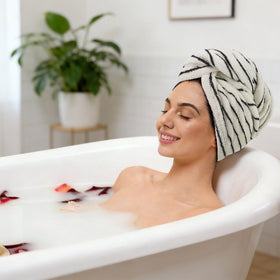 Jacquotha Cotton Hair Wrap Towel with elastic loop and button fastened