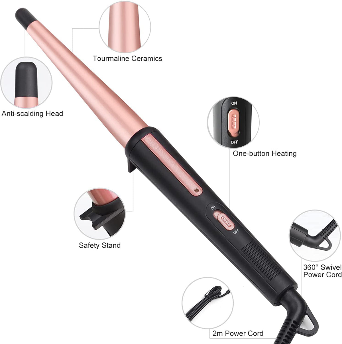 JAETON Hair Curling Iron Wand side view showcasing the tapered design