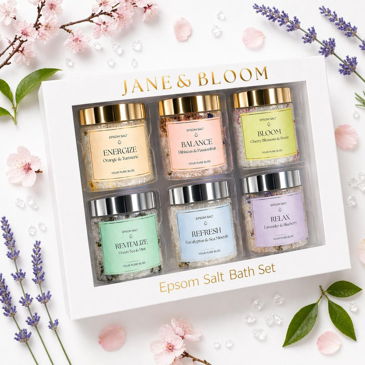 Jane & Bloom Epsom Salt Bath Gift Set front view with 6 jars
