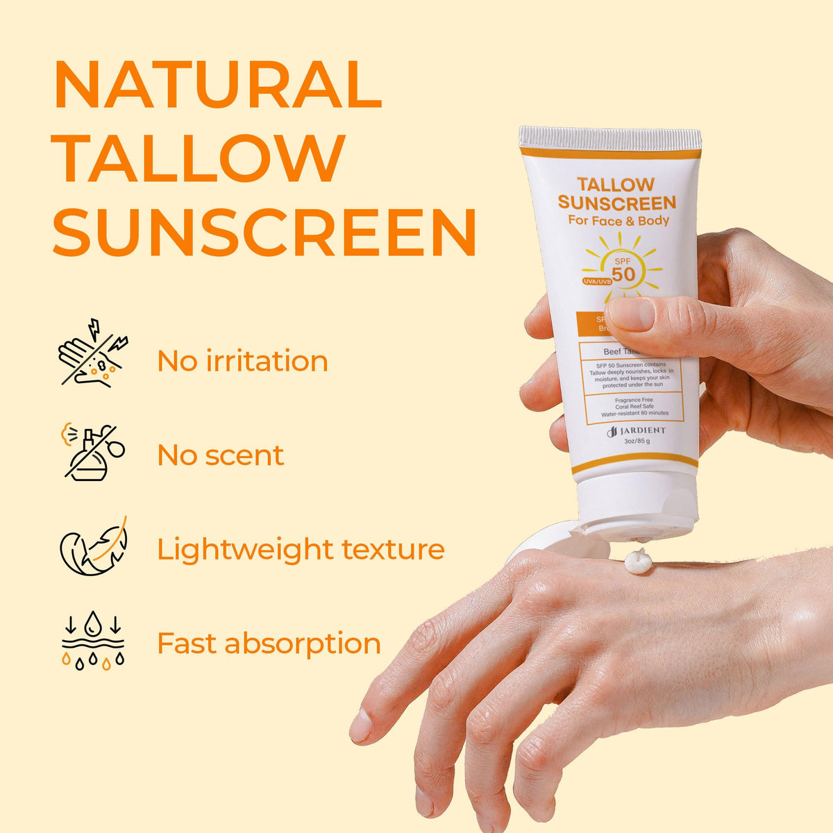 Jardient Beef Tallow Sunscreen SPF 50 back view with ingredients