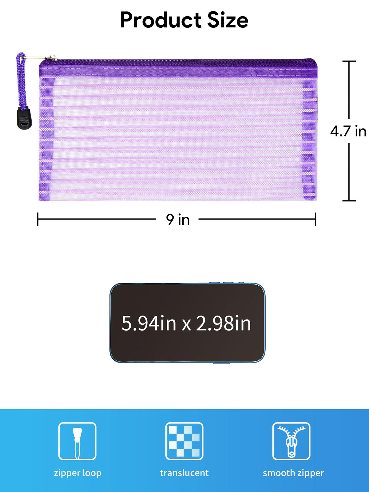 JARLINK Zipper Mesh Pouch in pink, purple, and blue