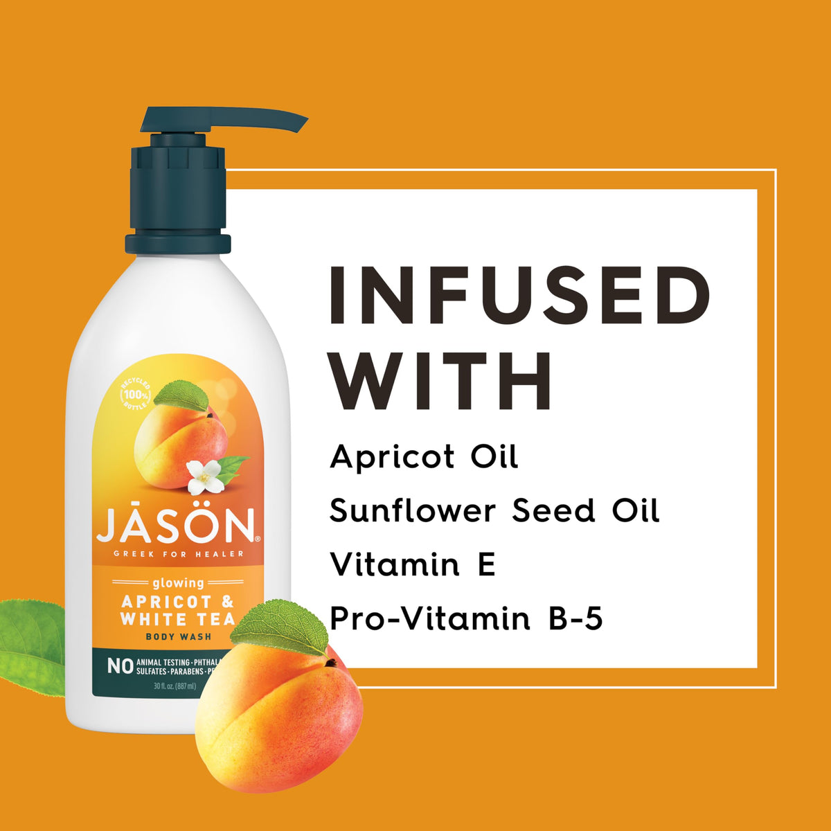 JASON Apricot and White Tea Glowing Body Wash with ingredients displayed
