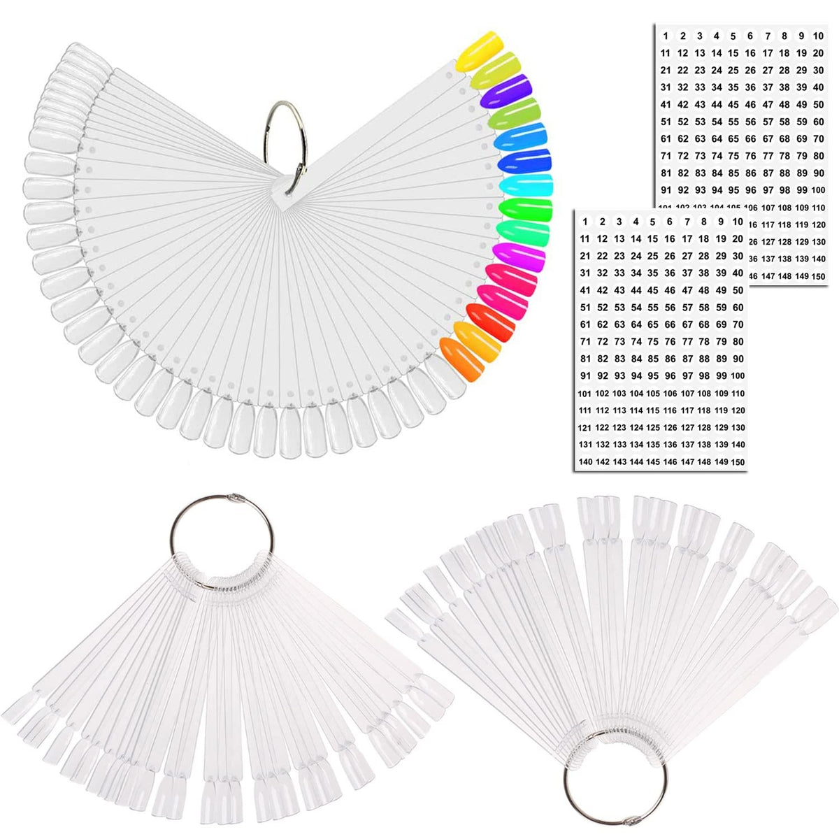 JASSINS 150 Pcs Nail Swatch Sticks with ring and transparent fan boards
