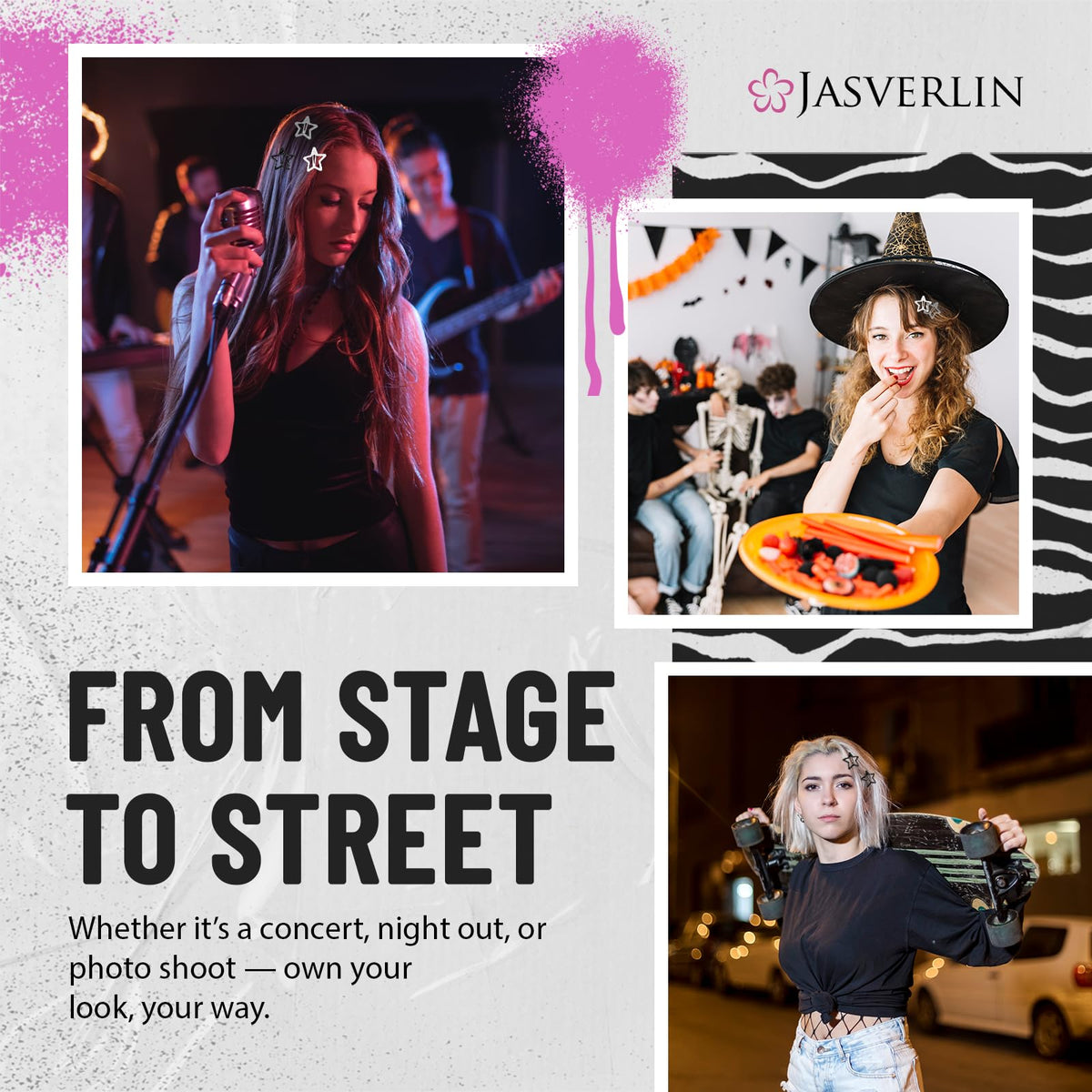 JASVERLIN Black Star Snap Hair Clips styled with accessories