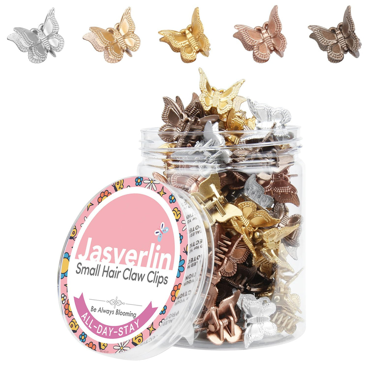 JASVERLIN Mini Butterfly Hair Clips assorted metallic colours front view