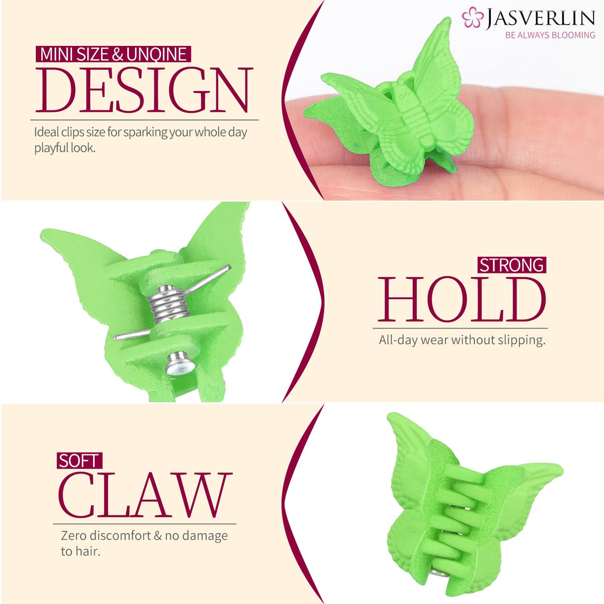 JASVERLIN Mini Butterfly Hair Clips displayed on a colourful background