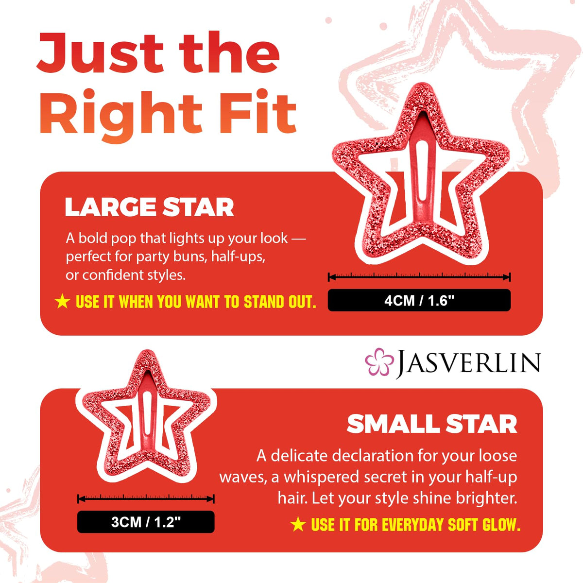 JASVERLIN packaging of red star hair clips