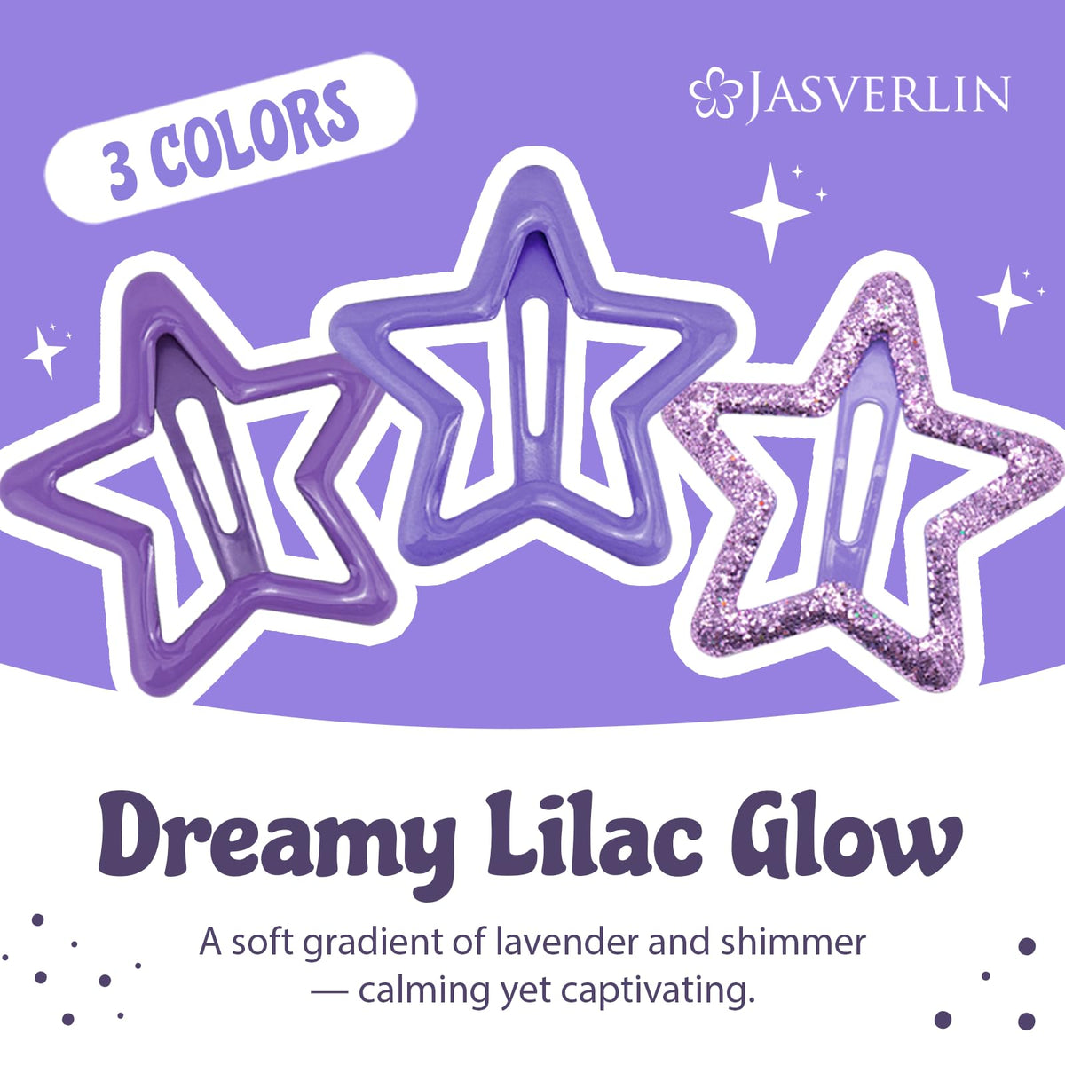 JASVERLIN star hair clips in lilac, lavender, and glitter purple