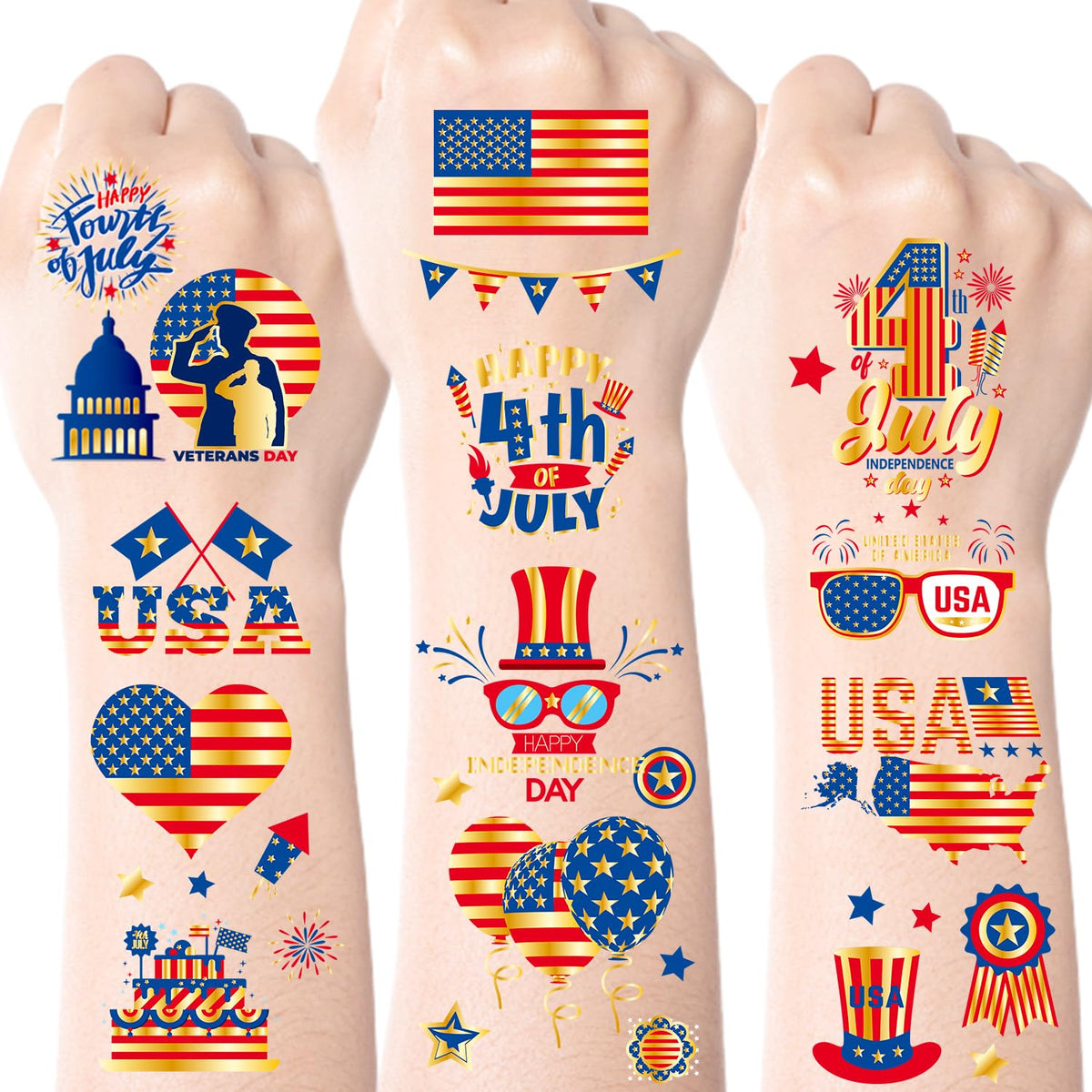 JCFIRE 4th of July temporary tattoos pack with patriotic designs