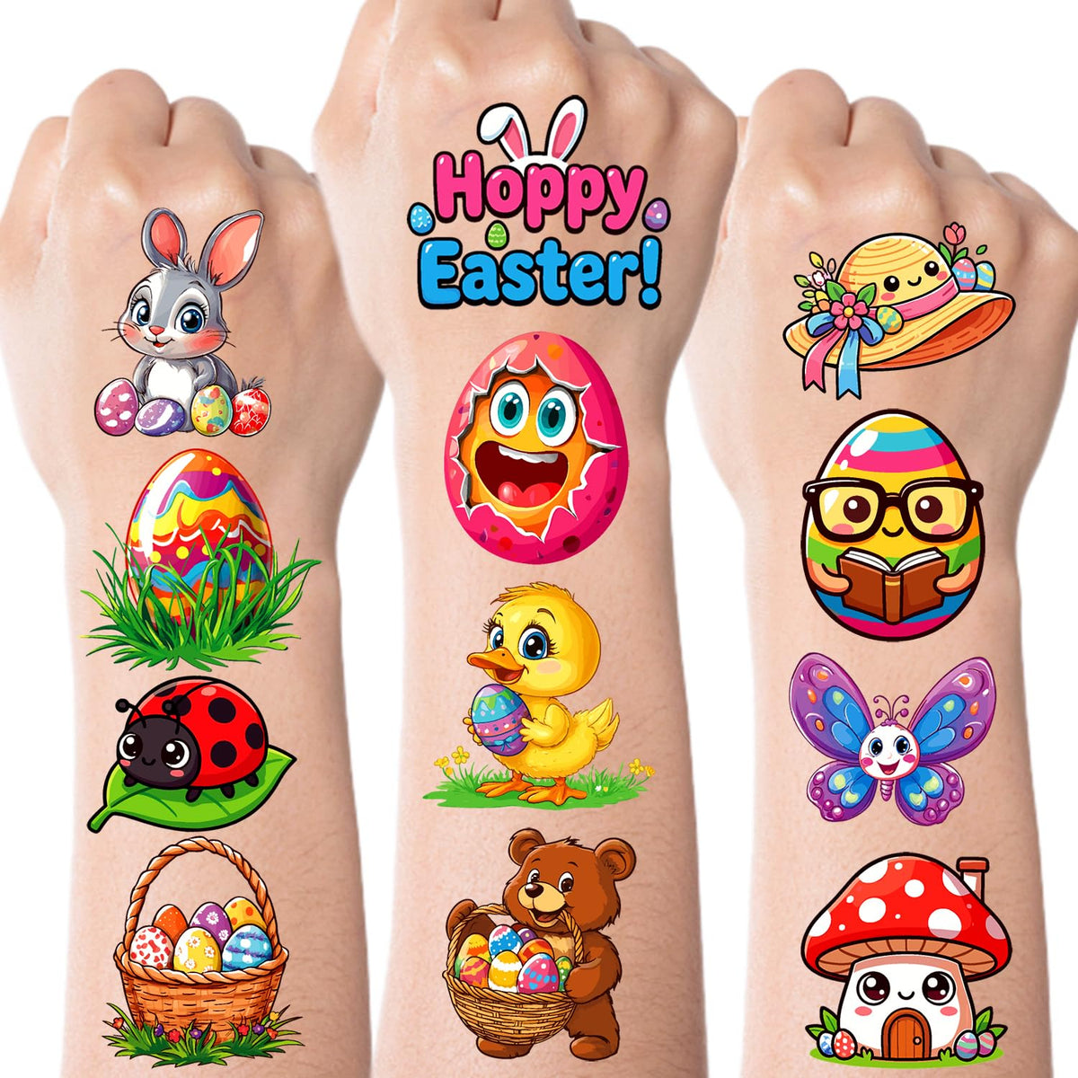 JCFIRE Easter Basket Stuffers 95 PCS temporary tattoos featuring bunnies and eggs