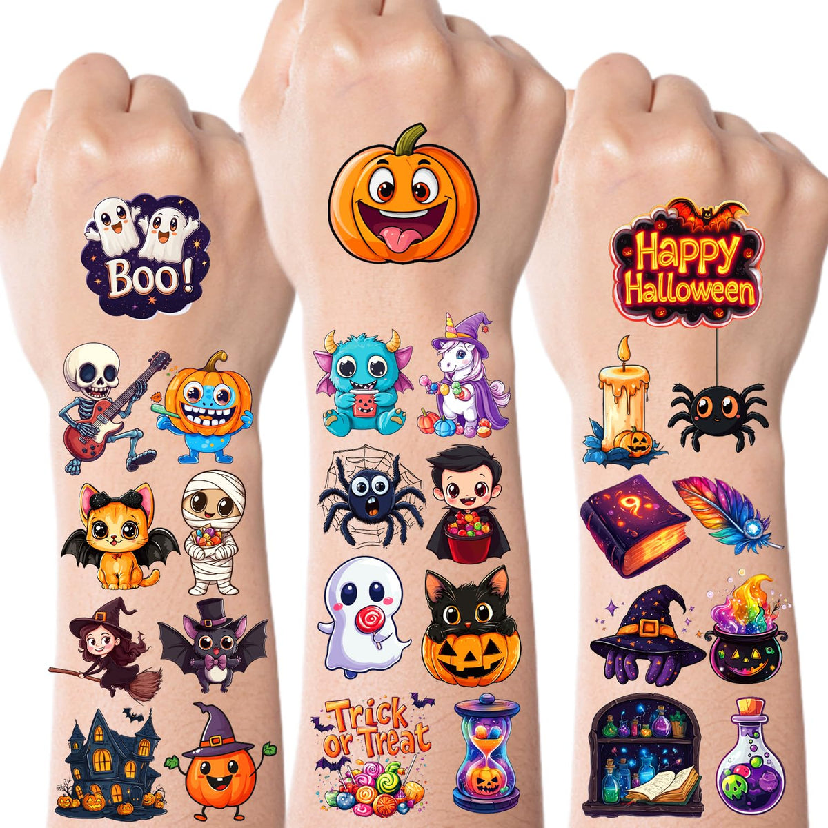JCFIRE Halloween temporary tattoos for kids featuring pumpkins and ghosts