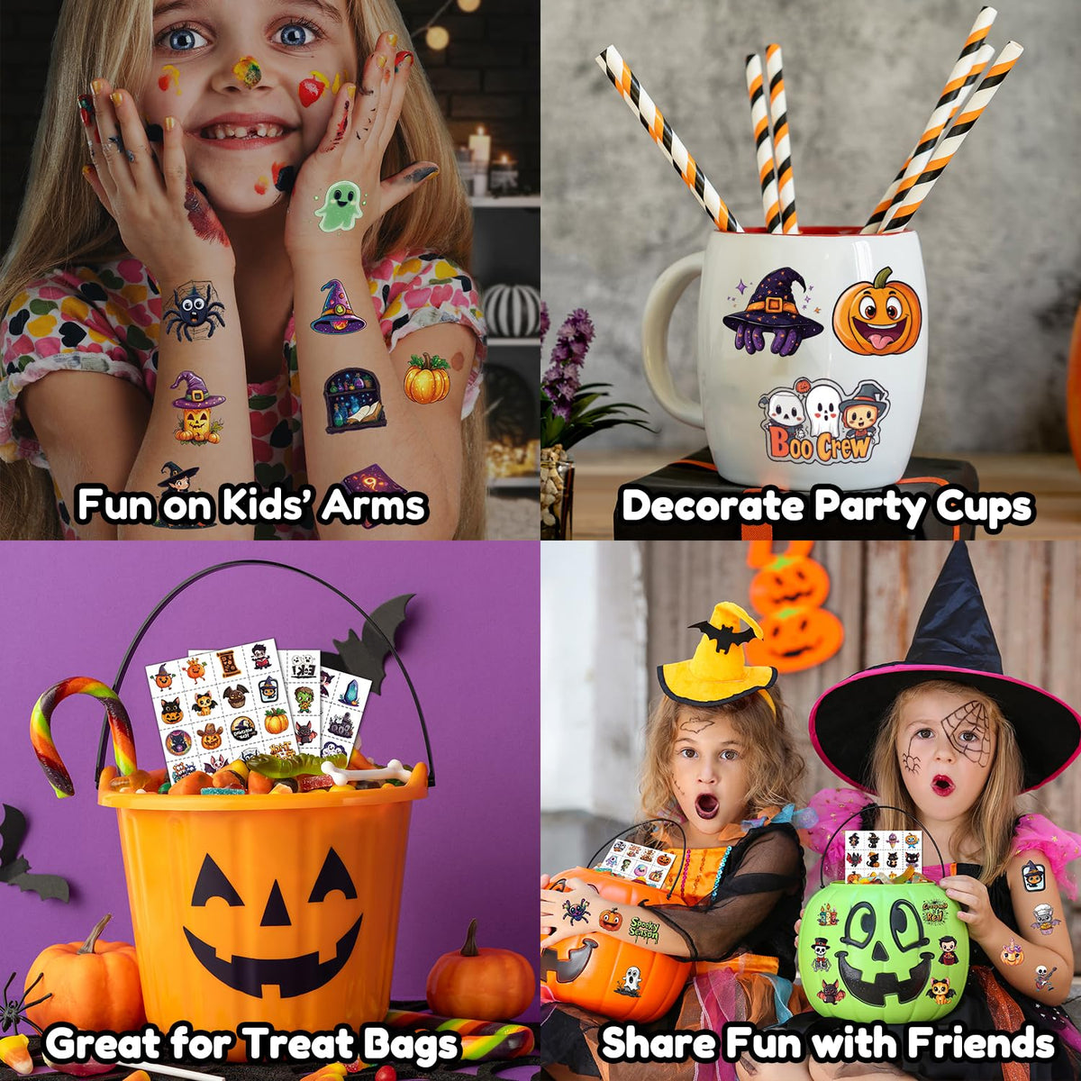 JCFIRE Halloween temporary tattoos with kids enjoying Halloween decorations