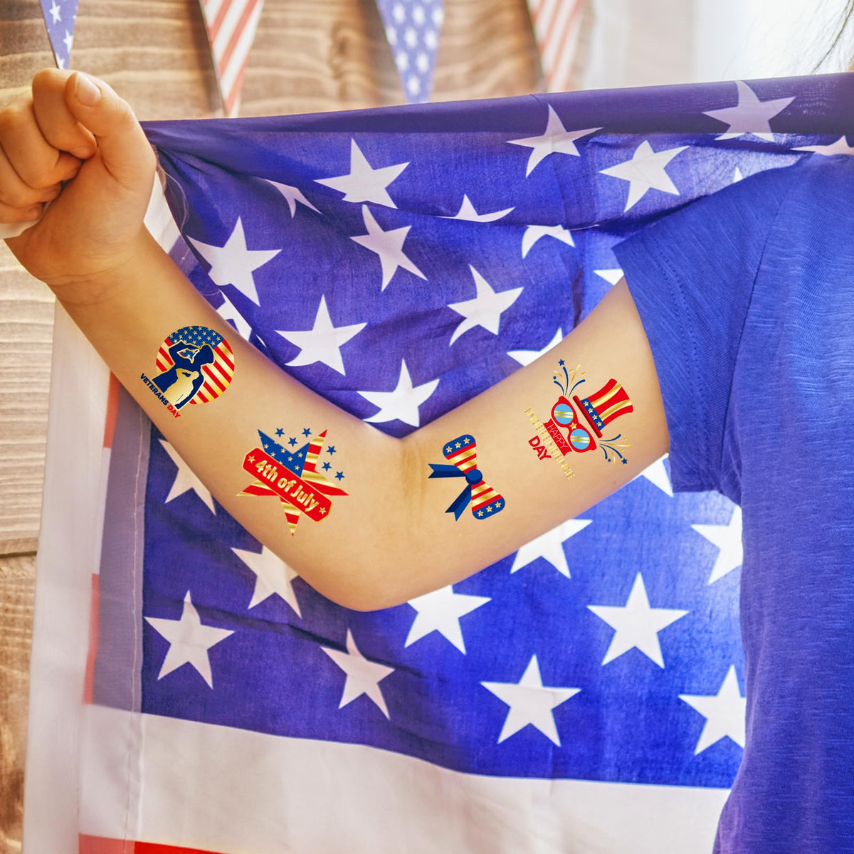 JCFIRE temporary tattoos in vibrant red, white, and blue colours