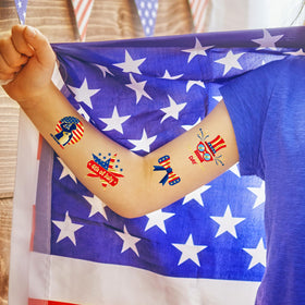 JCFIRE temporary tattoos in vibrant red, white, and blue colours