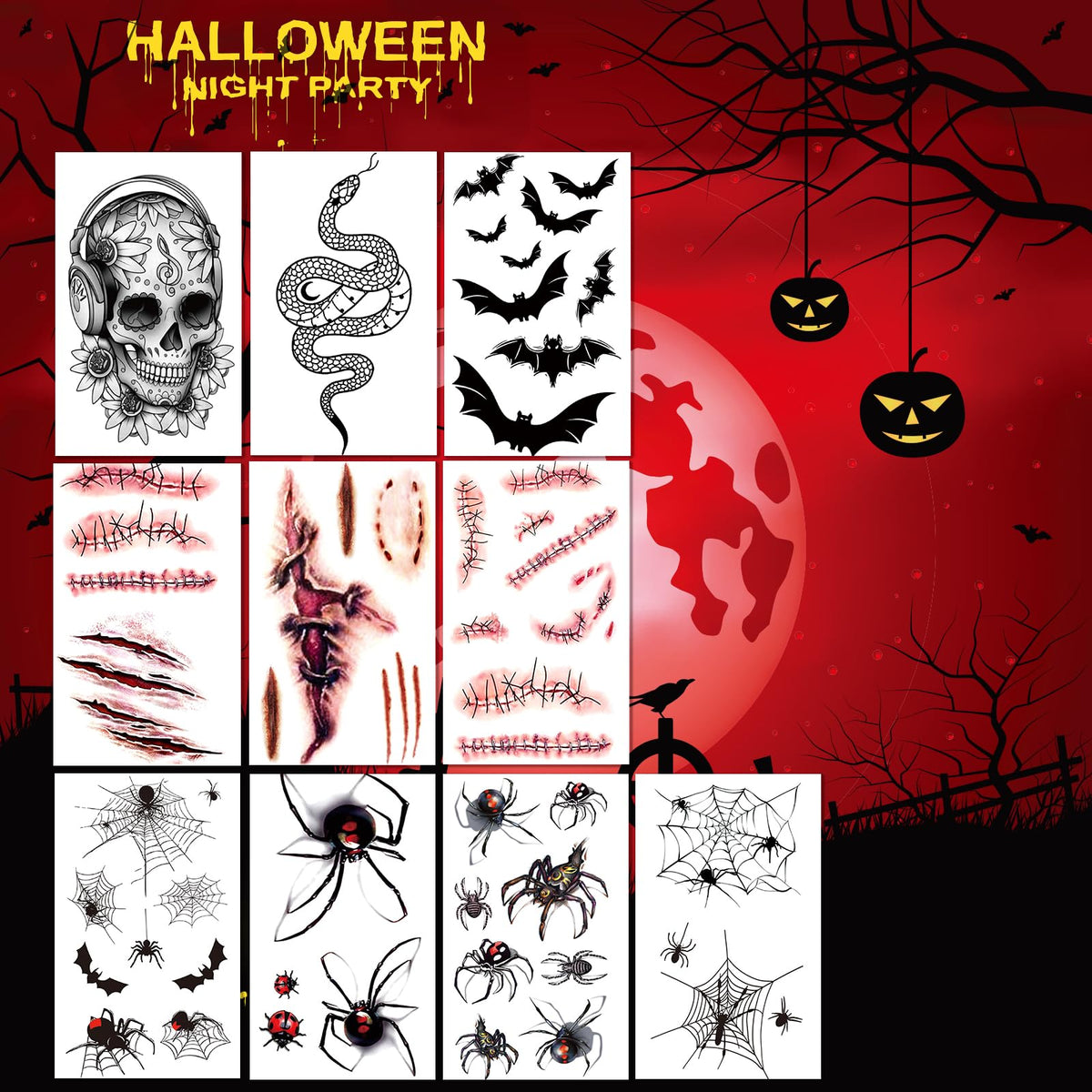 JEEFONNA temporary tattoos displayed on skin for Halloween costume