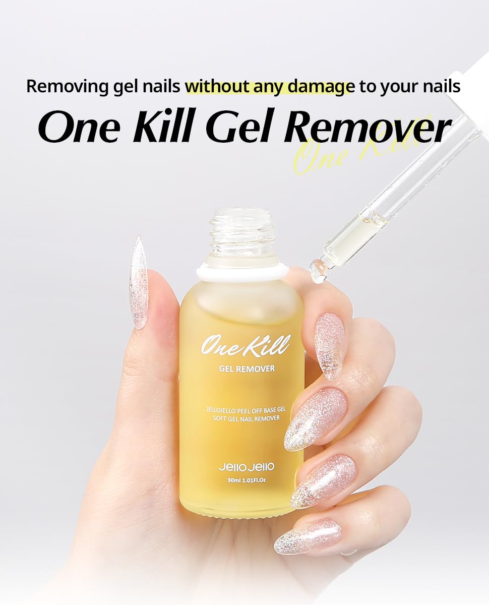 JelloJello Peel-Off Base Coat Gel and One-Kill Remover in use