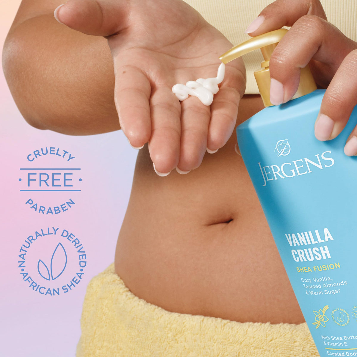 Jergens Shea Fusion Vanilla Crush Body Lotion in a bathroom setting