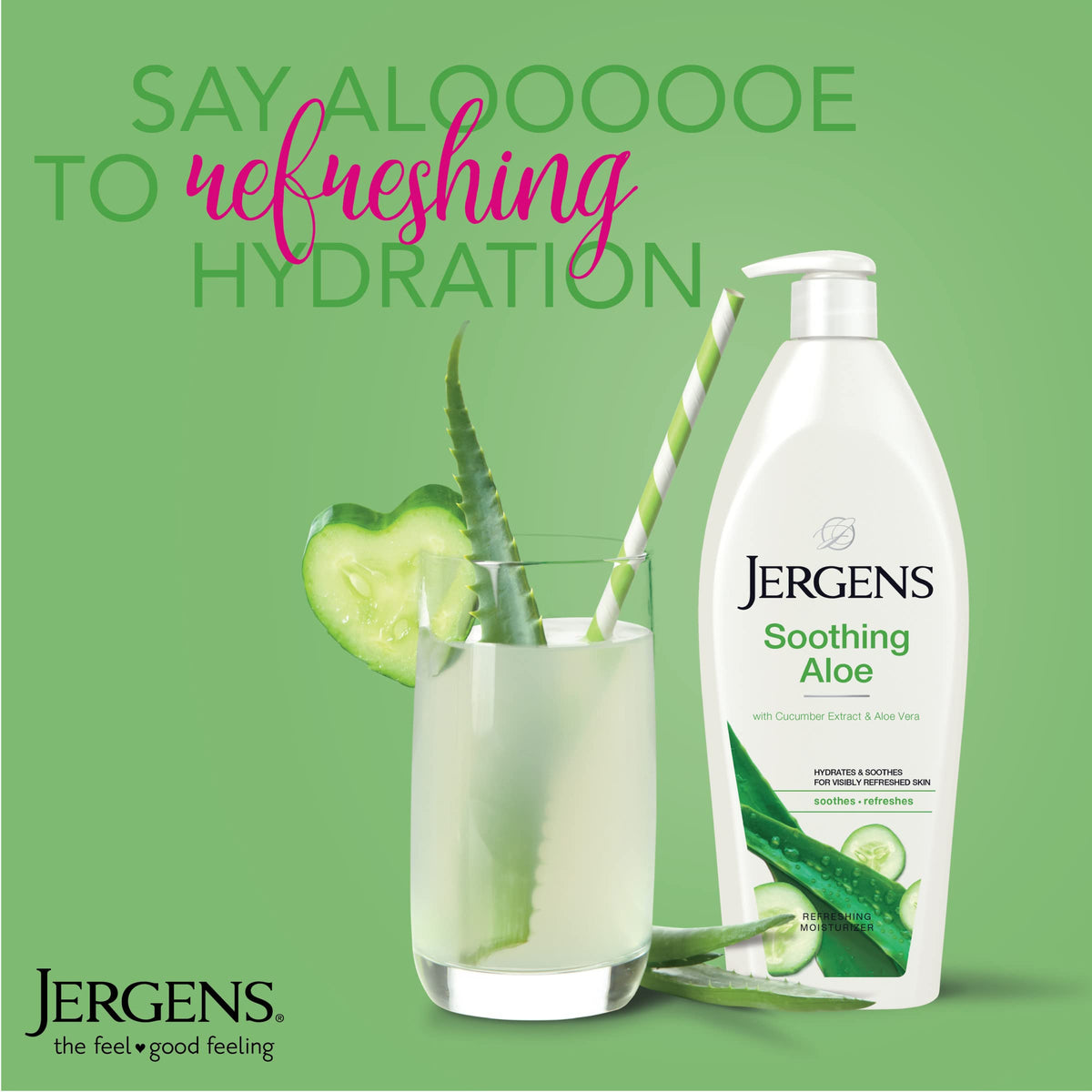Jergens Soothing Aloe Body Lotion on a bathroom counter