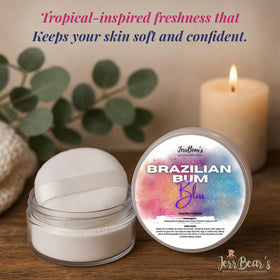JerrBear’s Brazilian Bum Bliss Dusting Powder 4oz jar on bathroom shelf