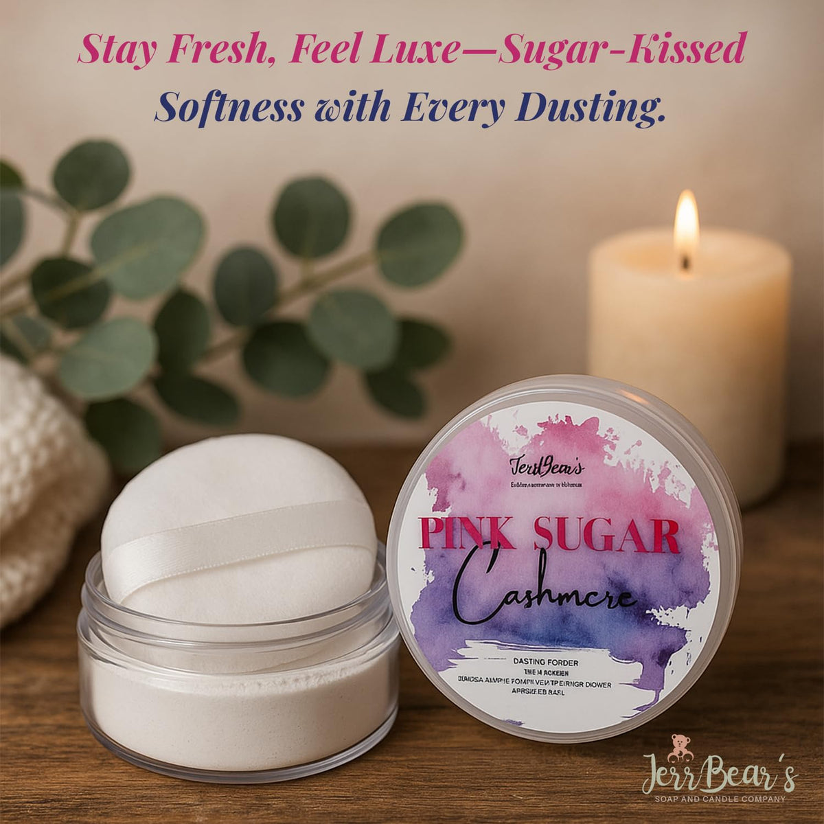 JerrBear’s Pink Sugar Cashmere Dusting Powder 4oz jar packaging details