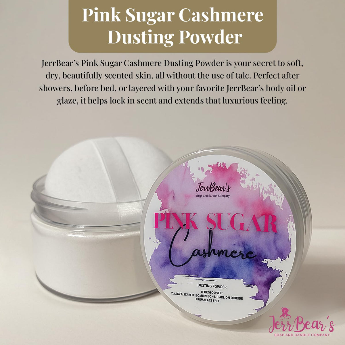 JerrBear’s Pink Sugar Cashmere Dusting Powder 4oz jar with lid