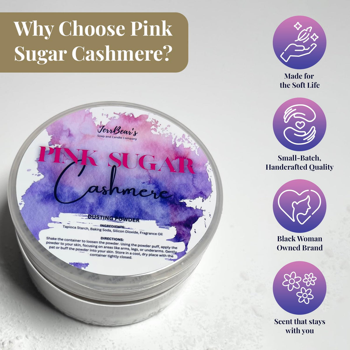 JerrBear’s Pink Sugar Cashmere Dusting Powder 4oz jar with powder puff