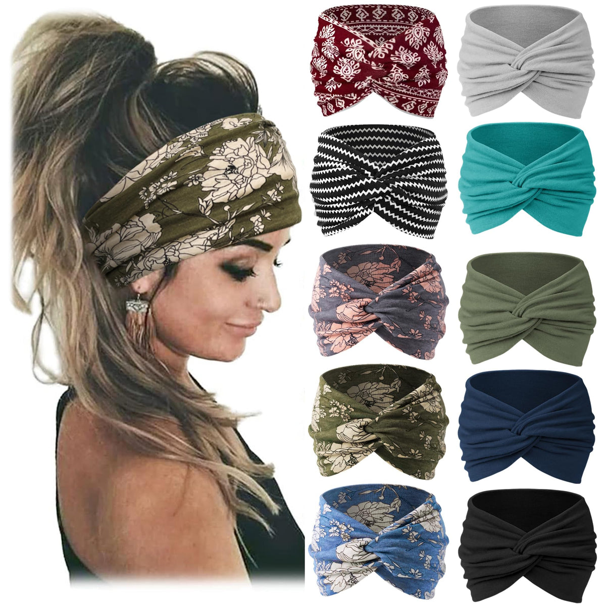 Jesries 10 PCS Extra Wide Turban Headbands assorted colours front view