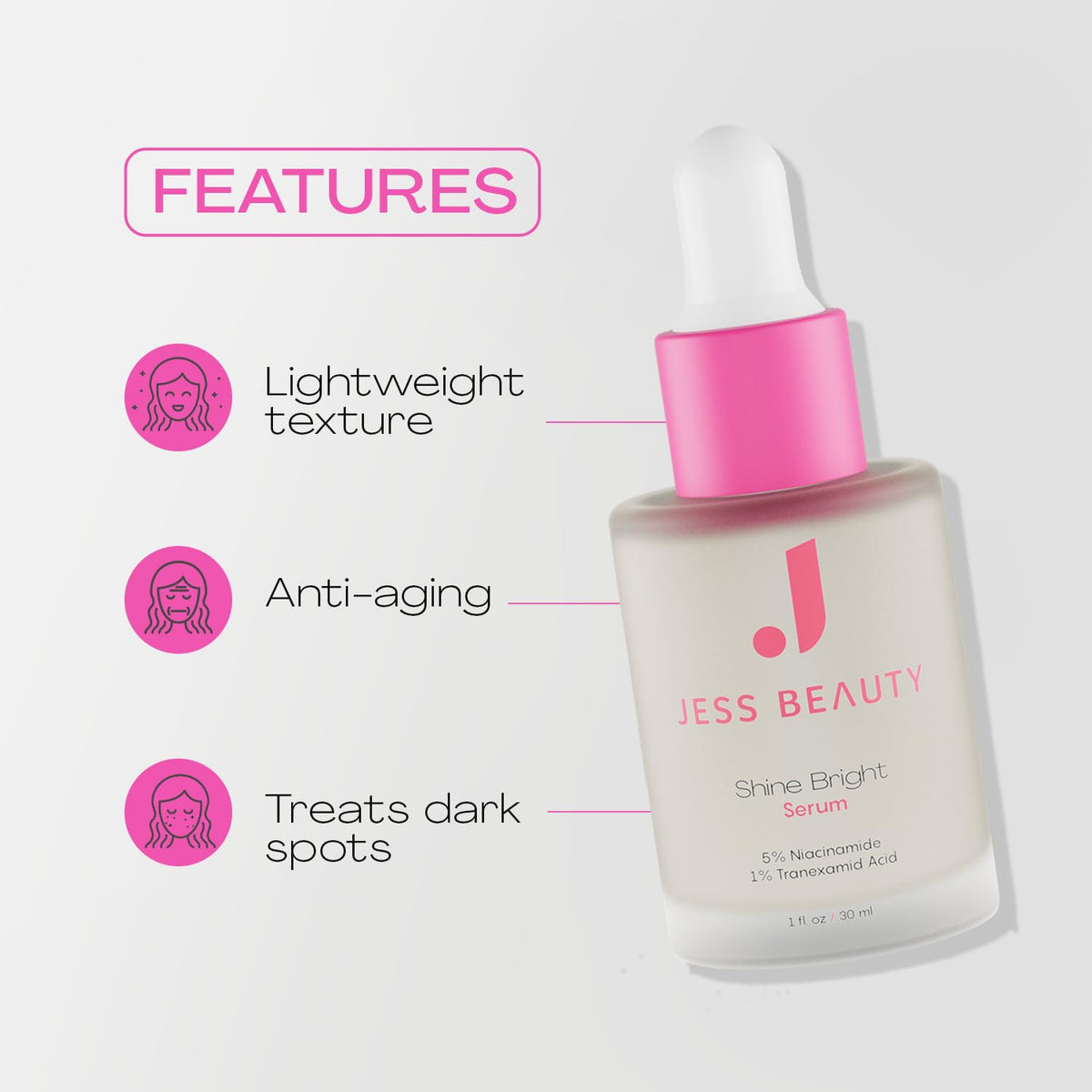 JESS BEAUTY Shine Bright Serum packaging with ingredients list