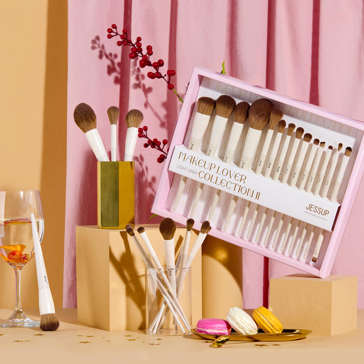 Jessup 14Pcs Makeup Brush Set displayed on a vanity