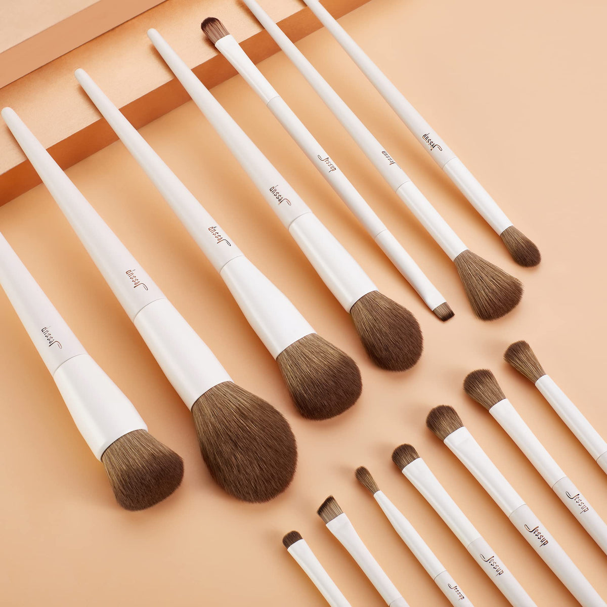 Jessup 14Pcs Makeup Brush Set displayed on a vanity