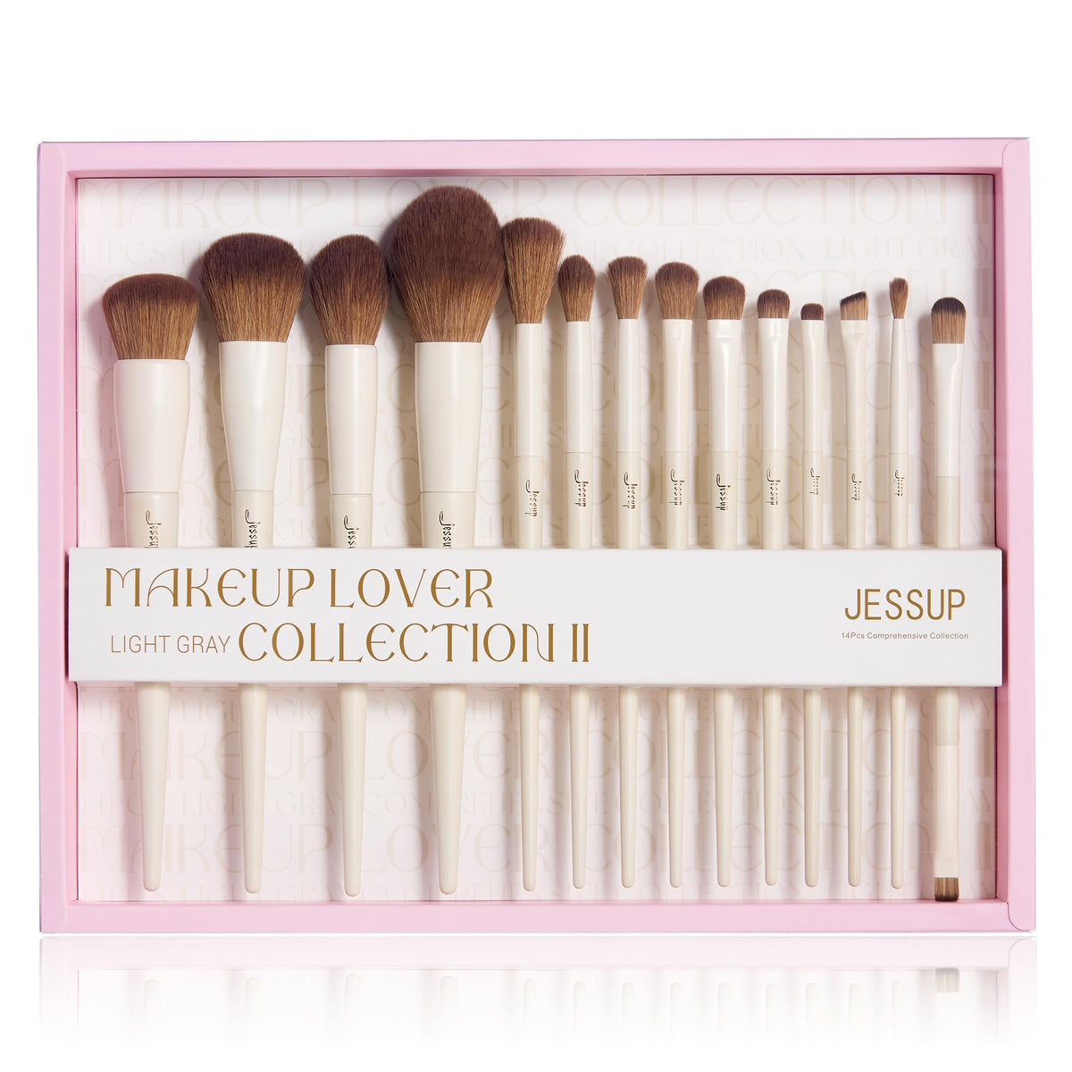 Jessup 14Pcs Makeup Brush Set light grey front view with gift box