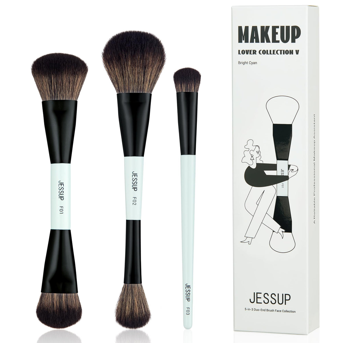 Jessup 3pcs Double Ended Makeup Brushes Set in bright cyan